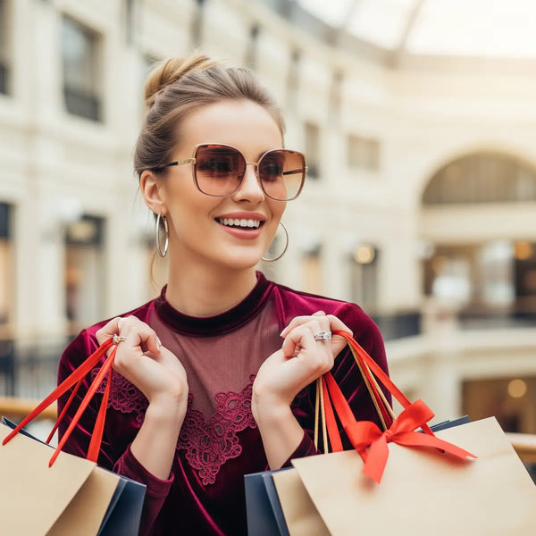 Smiling woman with shopping bags in an upscale mall, wearing a burgundy velvet top and oversized sunglasses